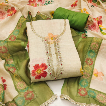 Green - Beige Pure Linen Cotton Unstitched Suit Set