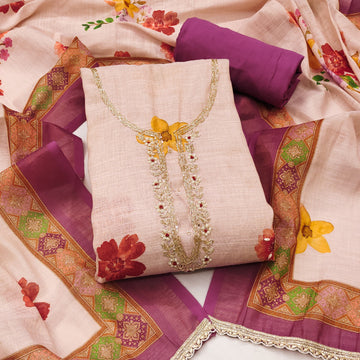 Purple - Beige Pure Linen Cotton Unstitched Suit Set
