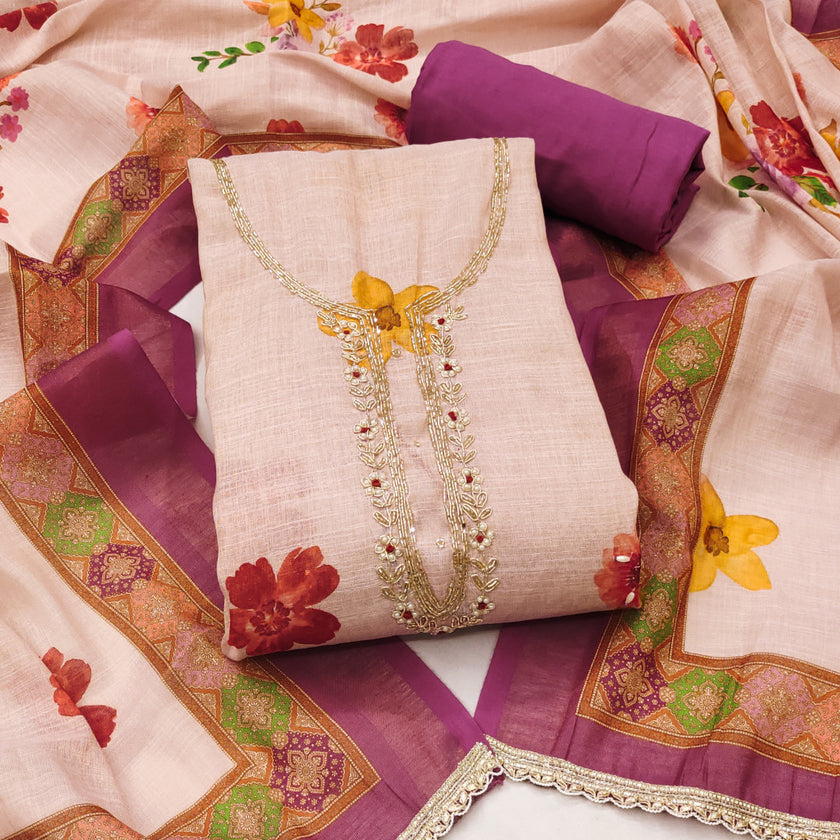 Purple - Beige Pure Linen Cotton Unstitched Suit Set