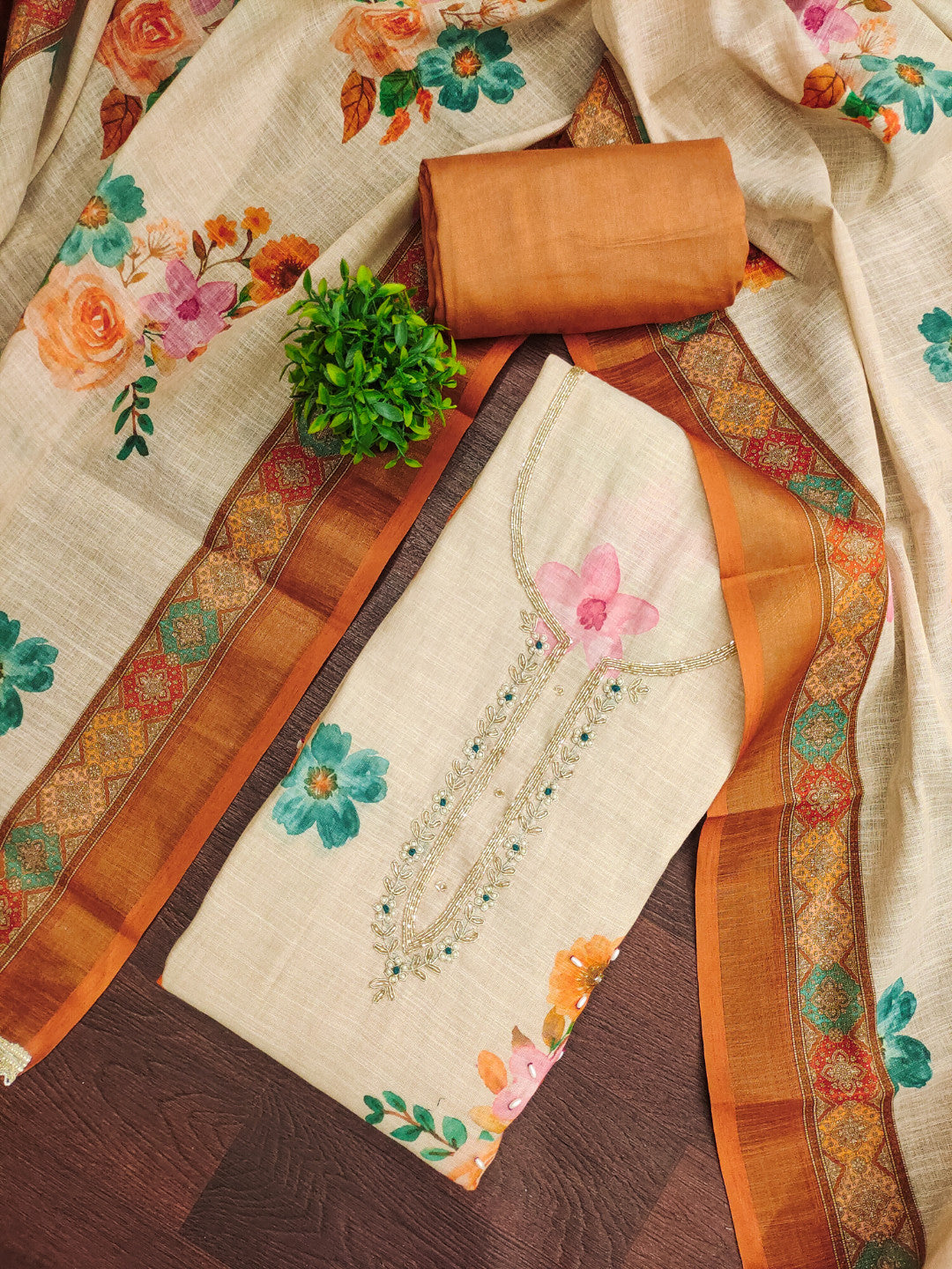 Brown - Beige Pure Linen Cotton Unstitched Suit Set