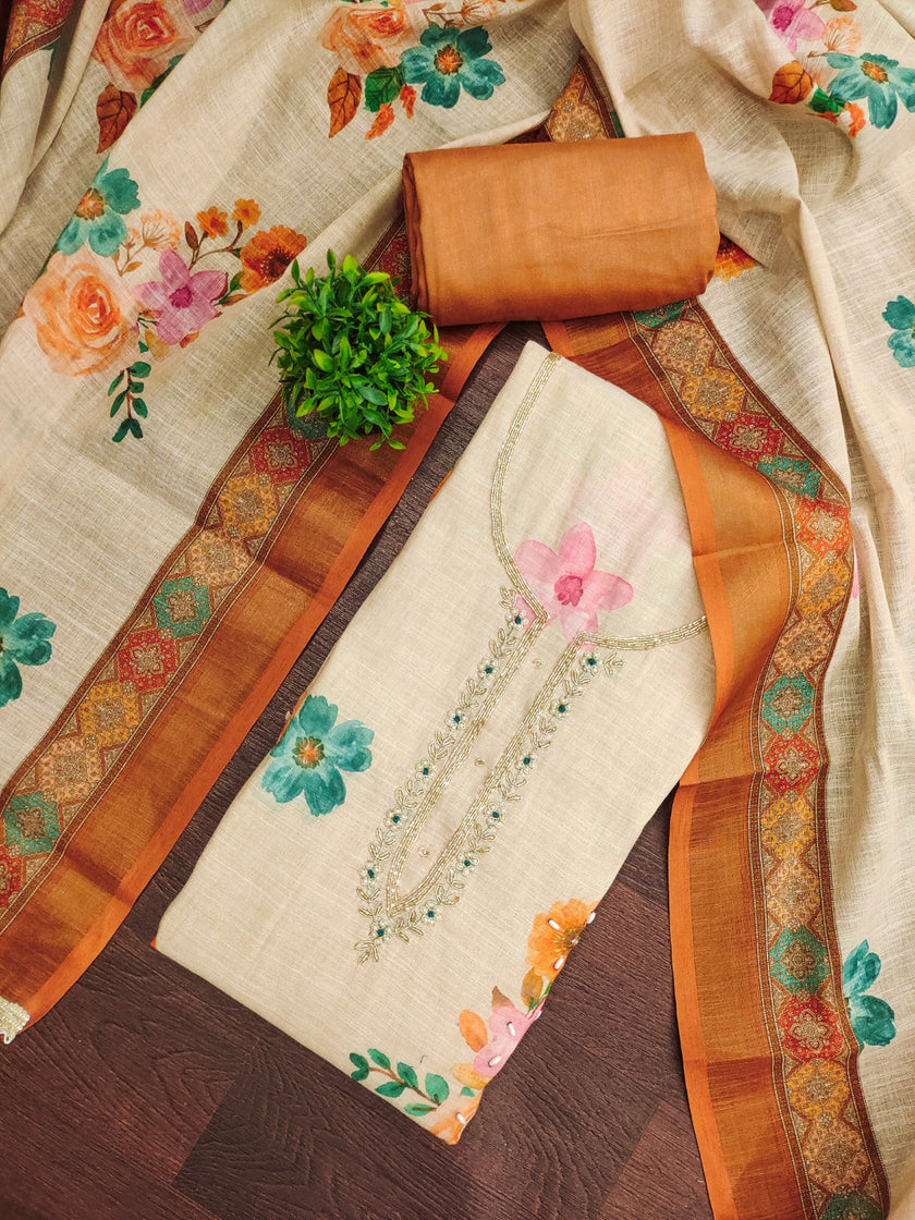 Brown - Beige Pure Linen Cotton Unstitched Suit Set