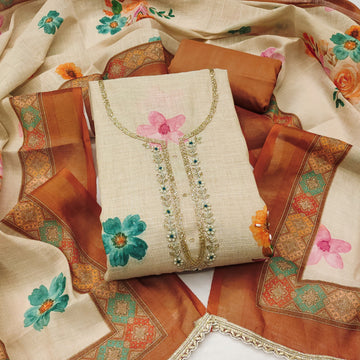Brown - Beige Pure Linen Cotton Unstitched Suit Set