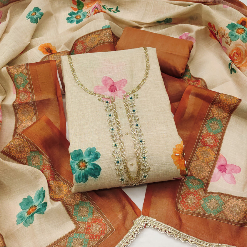 Brown - Beige Pure Linen Cotton Unstitched Suit Set
