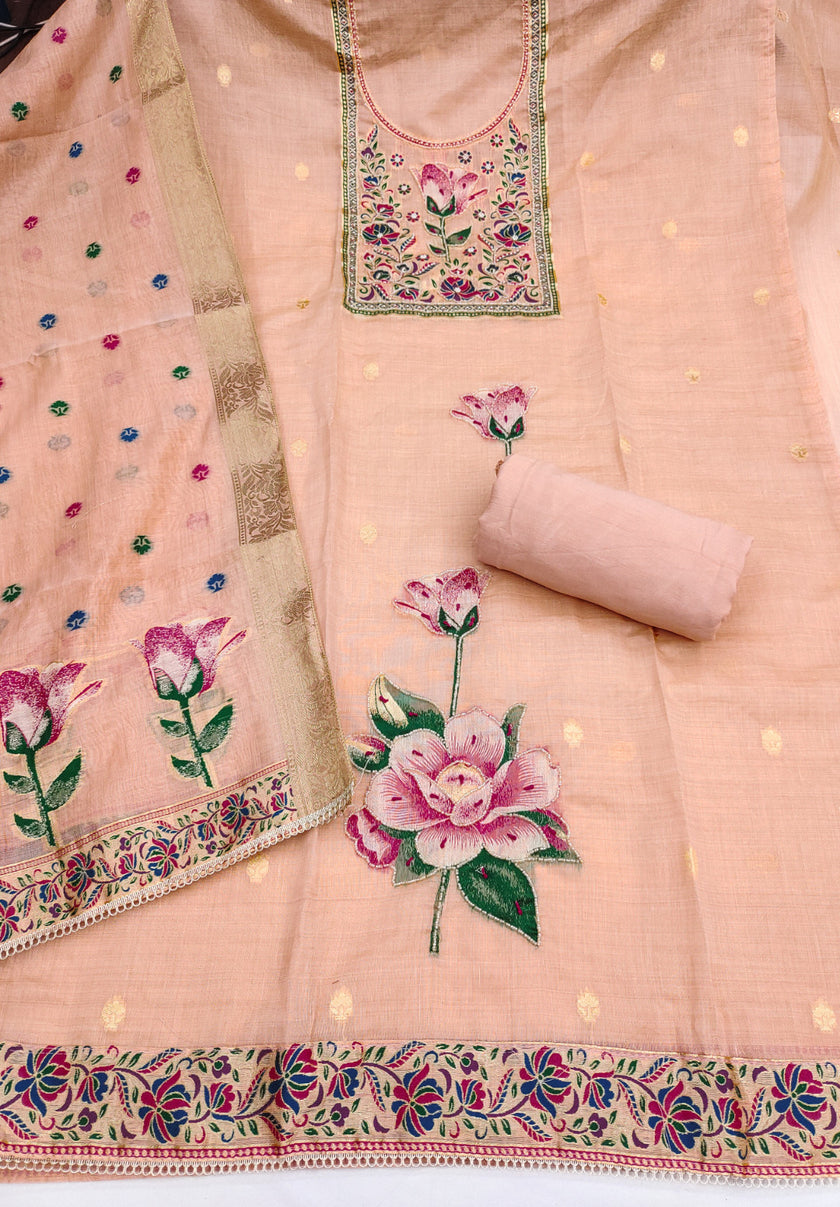 Peach Pure Banarasi Cotton Unstitched Suit Set