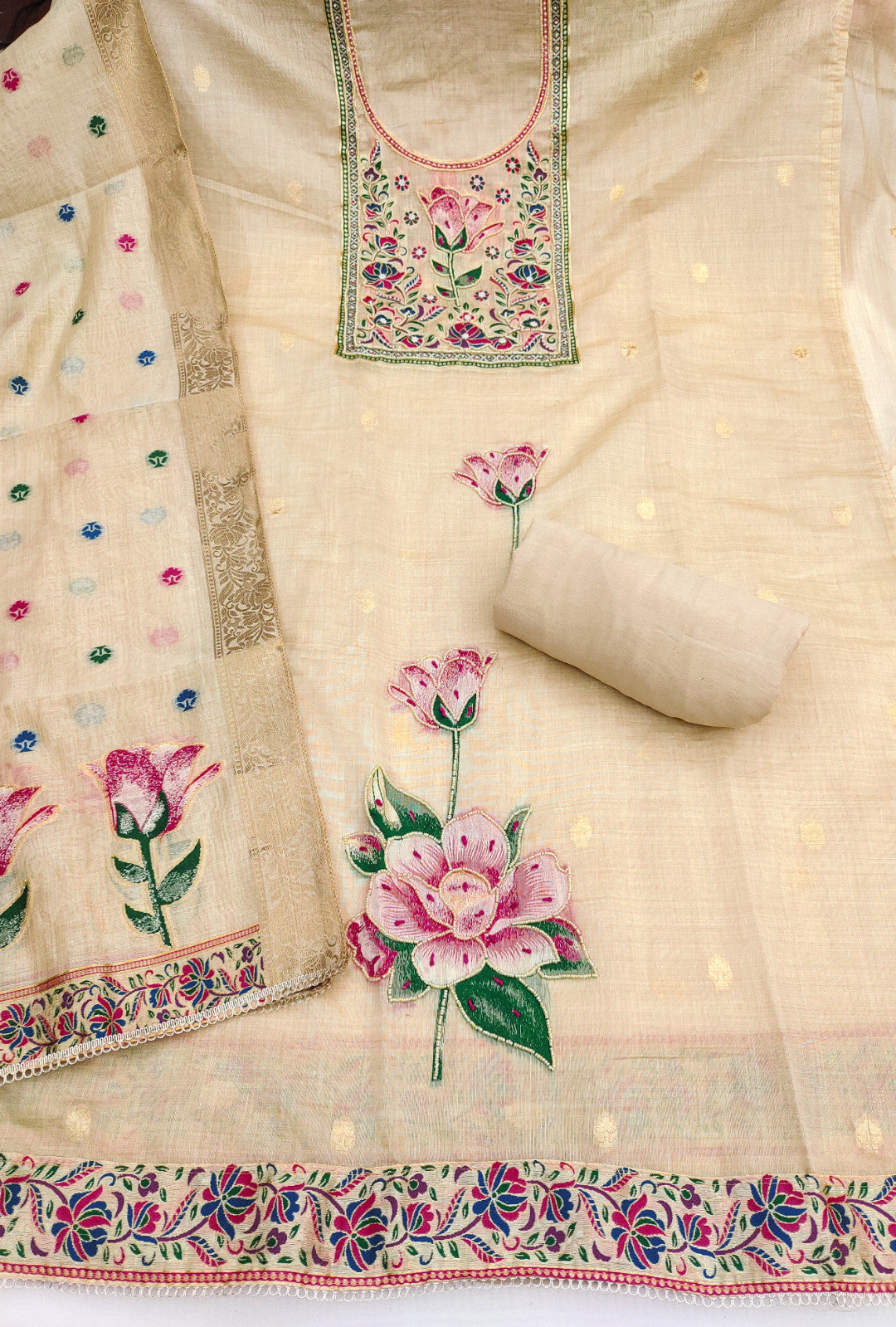 Beige Pure Banarasi Cotton Unstitched Suit Set