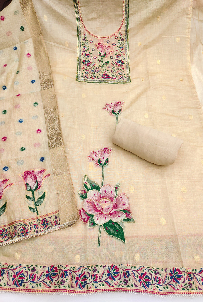 Beige Pure Banarasi Cotton Unstitched Suit Set