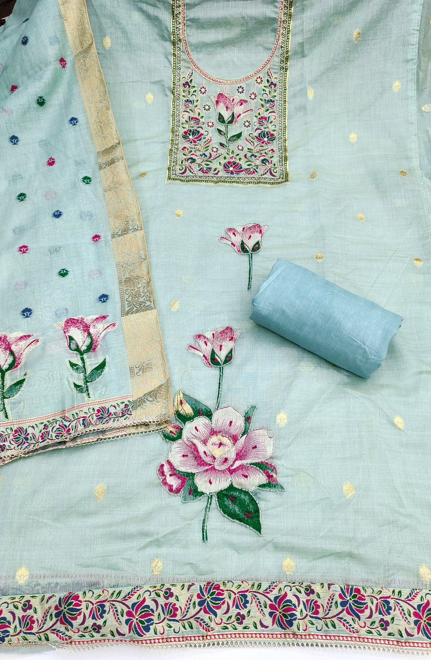 Light Blue Pure Banarasi Cotton Unstitched Suit Set
