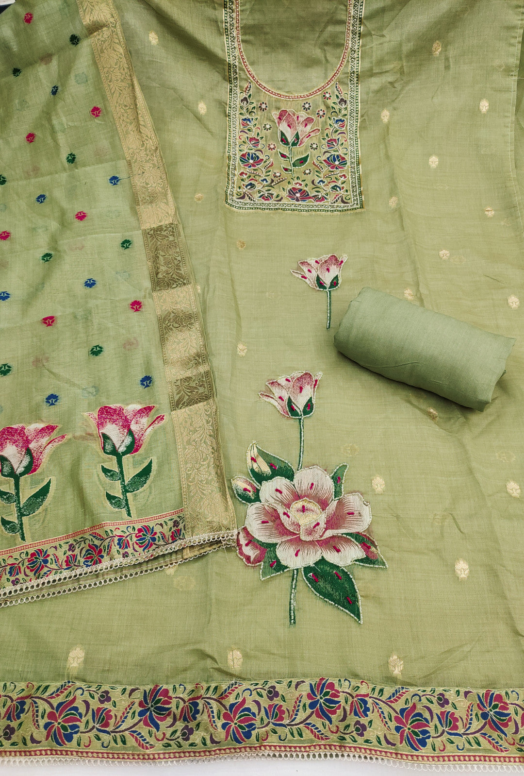 Light Green Pure Banarasi Cotton Unstitched Suit Set