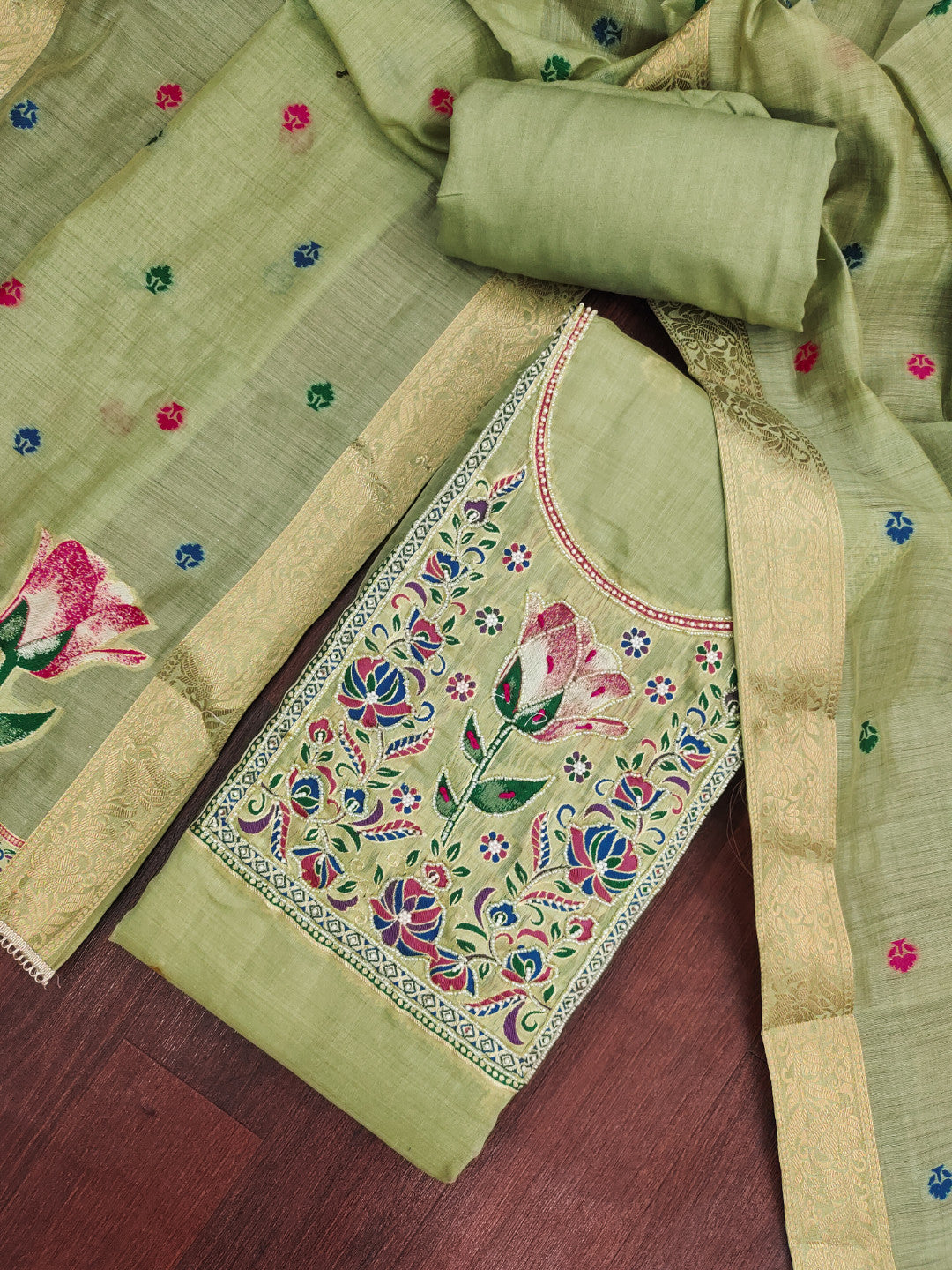 Light Green Pure Banarasi Cotton Unstitched Suit Set