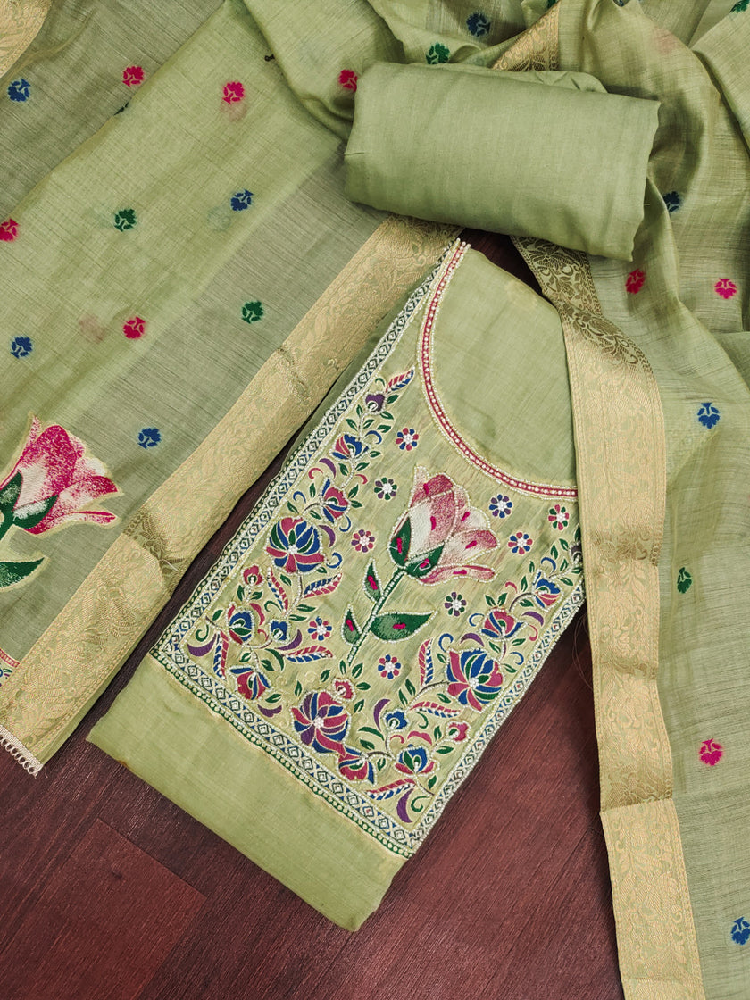 Light Green Pure Banarasi Cotton Unstitched Suit Set
