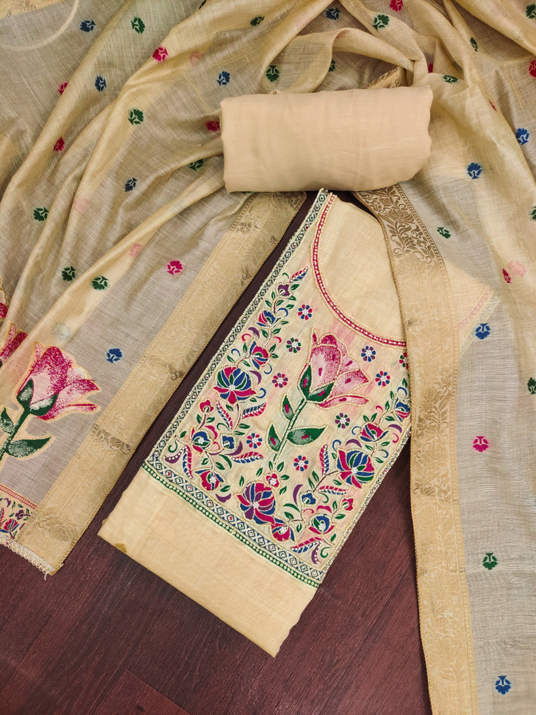 Beige Pure Banarasi Cotton Unstitched Suit Set