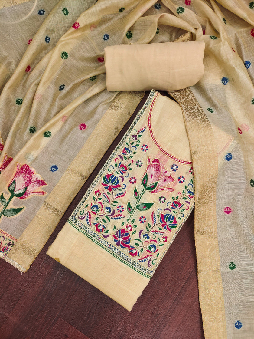 Beige Pure Banarasi Cotton Unstitched Suit Set