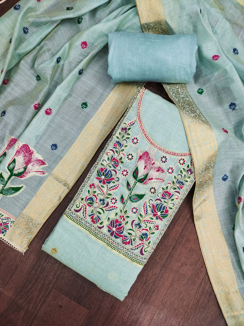 Light Blue Pure Banarasi Cotton Unstitched Suit Set
