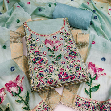 Light Blue Pure Banarasi Cotton Unstitched Suit Set