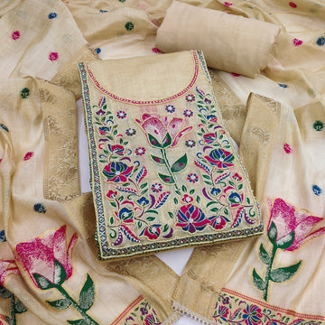 Beige Pure Banarasi Cotton Unstitched Suit Set