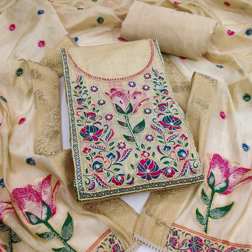 Beige Pure Banarasi Cotton Unstitched Suit Set