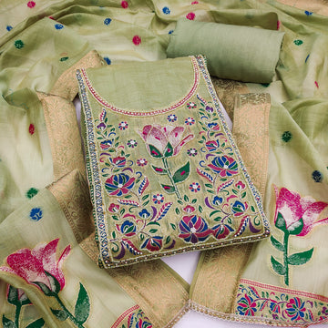 Light Green Pure Banarasi Cotton Unstitched Suit Set