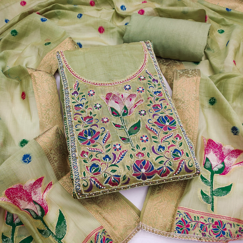 Light Green Pure Banarasi Cotton Unstitched Suit Set
