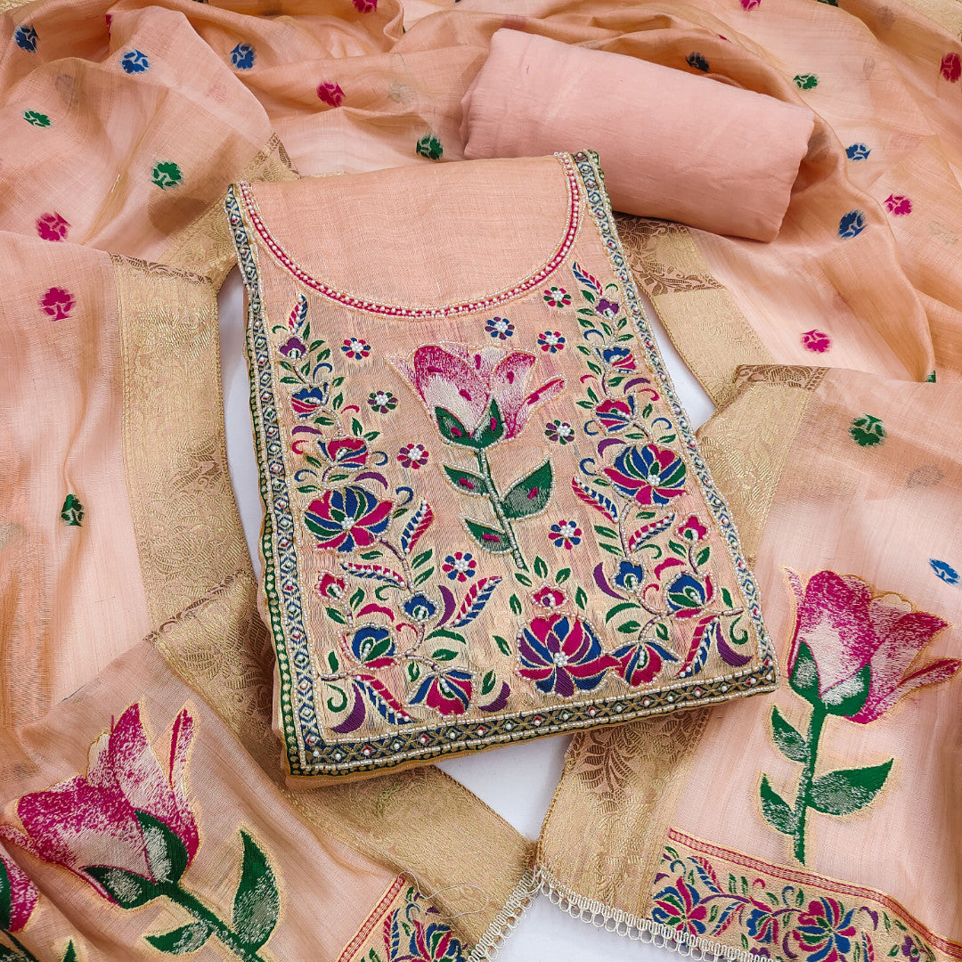 Peach Pure Banarasi Cotton Unstitched Suit Set