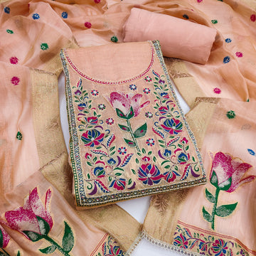 Peach Pure Banarasi Cotton Unstitched Suit Set