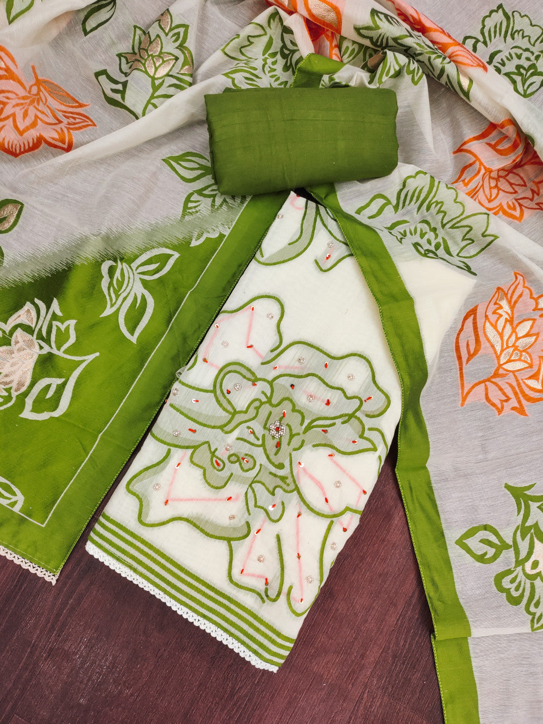 Green Pure Cotton Unstitched Suit Set