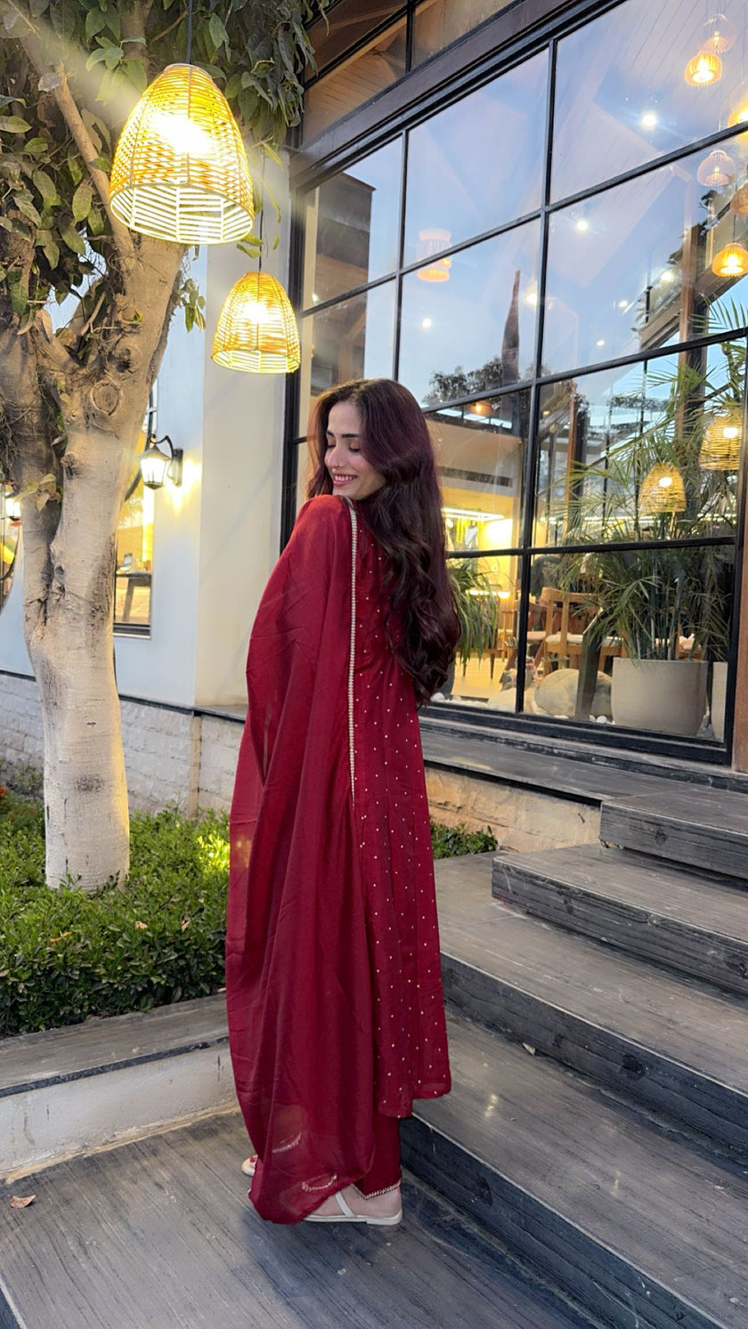 Maroon Silk Embroidered Stitched Suit