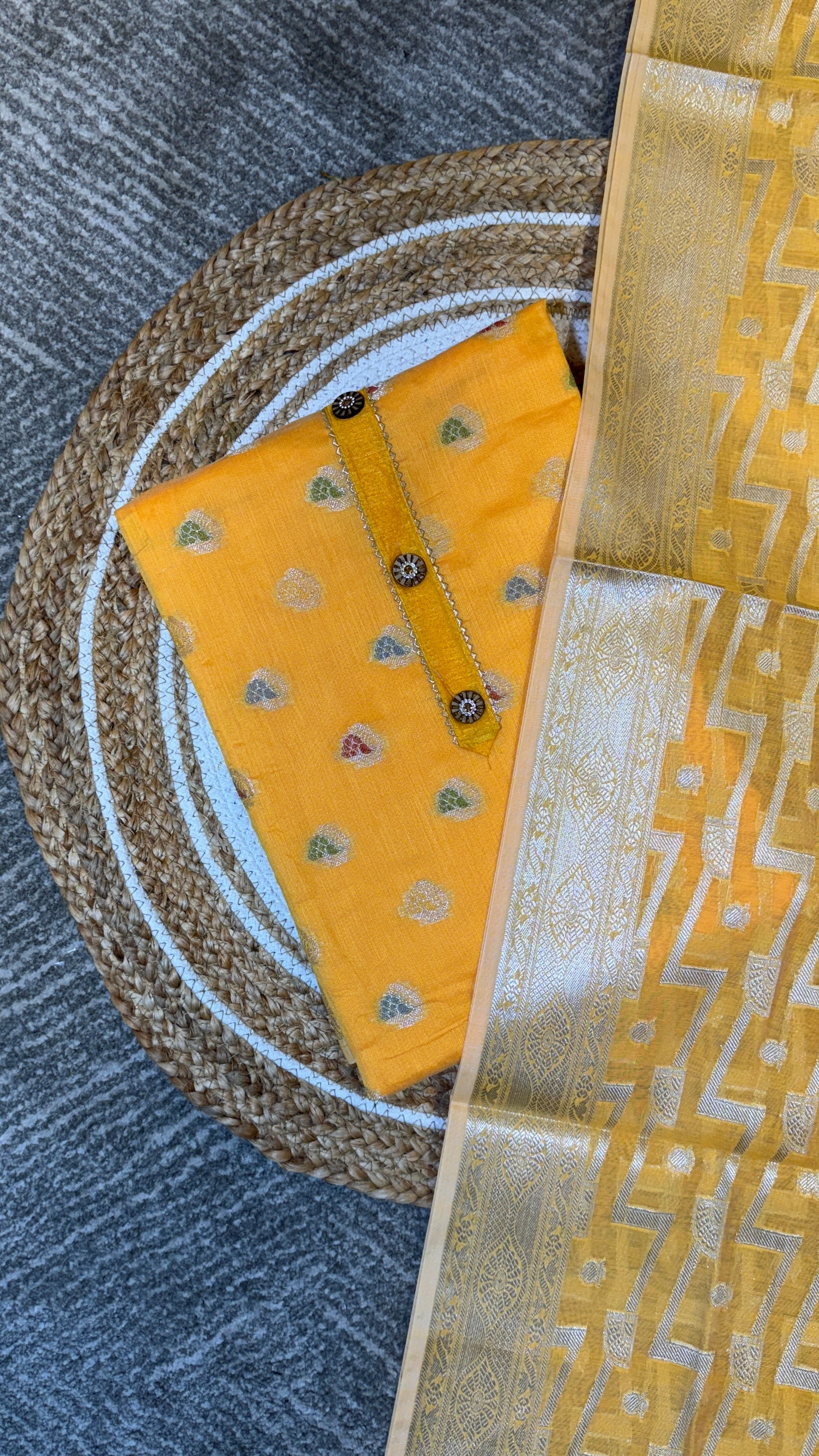 Yellow Banarasi jacquard Unstitched suit