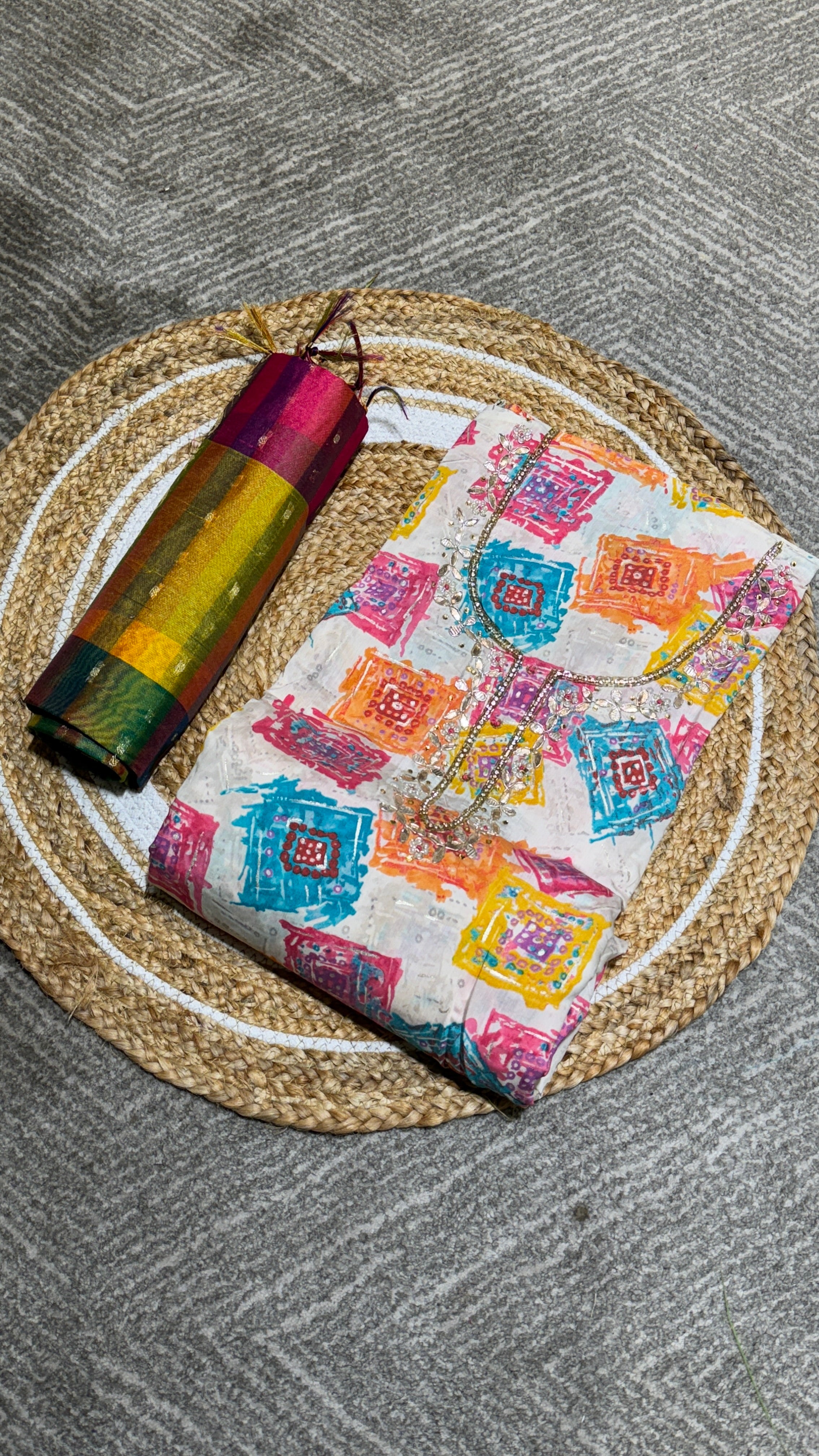 Printed Unstitched suit in white color with colorful Dupatta