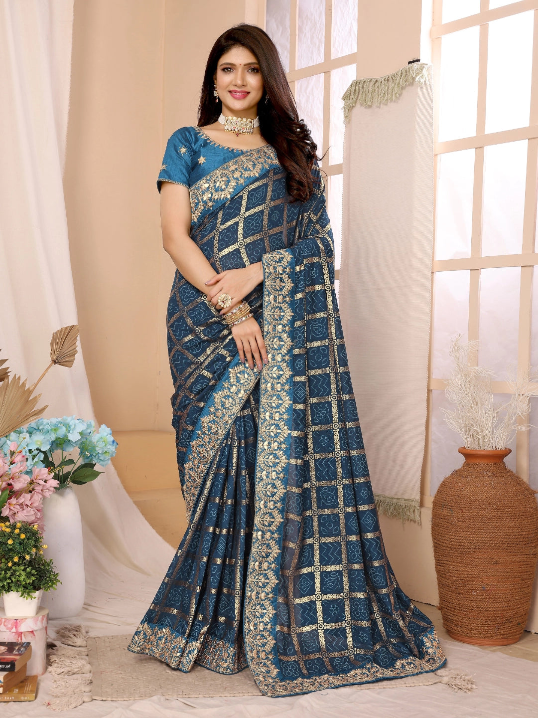 Blue Vichitra Silk Bandhani Saree