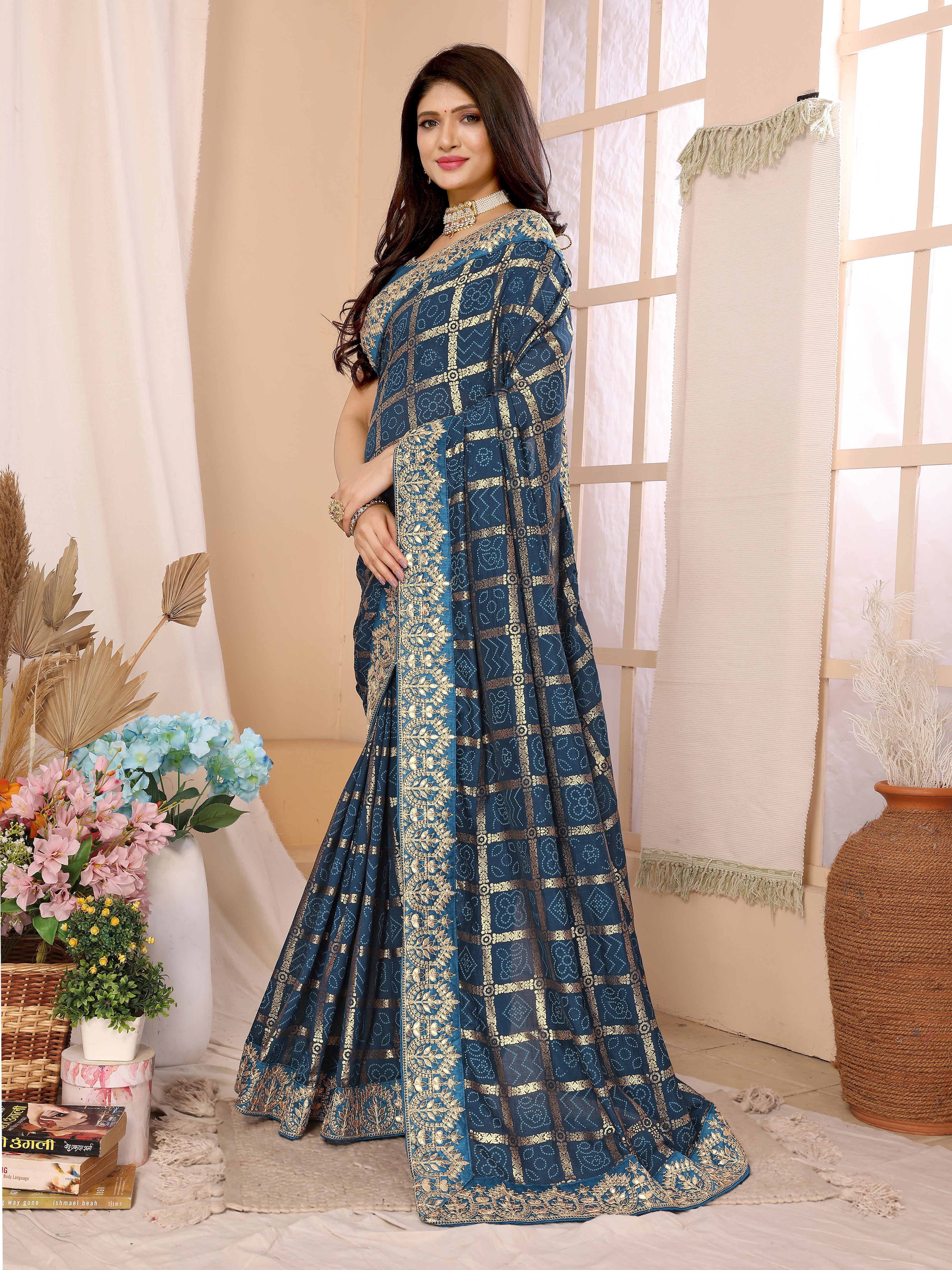 Blue vichitra silk Traditional bandhani saree