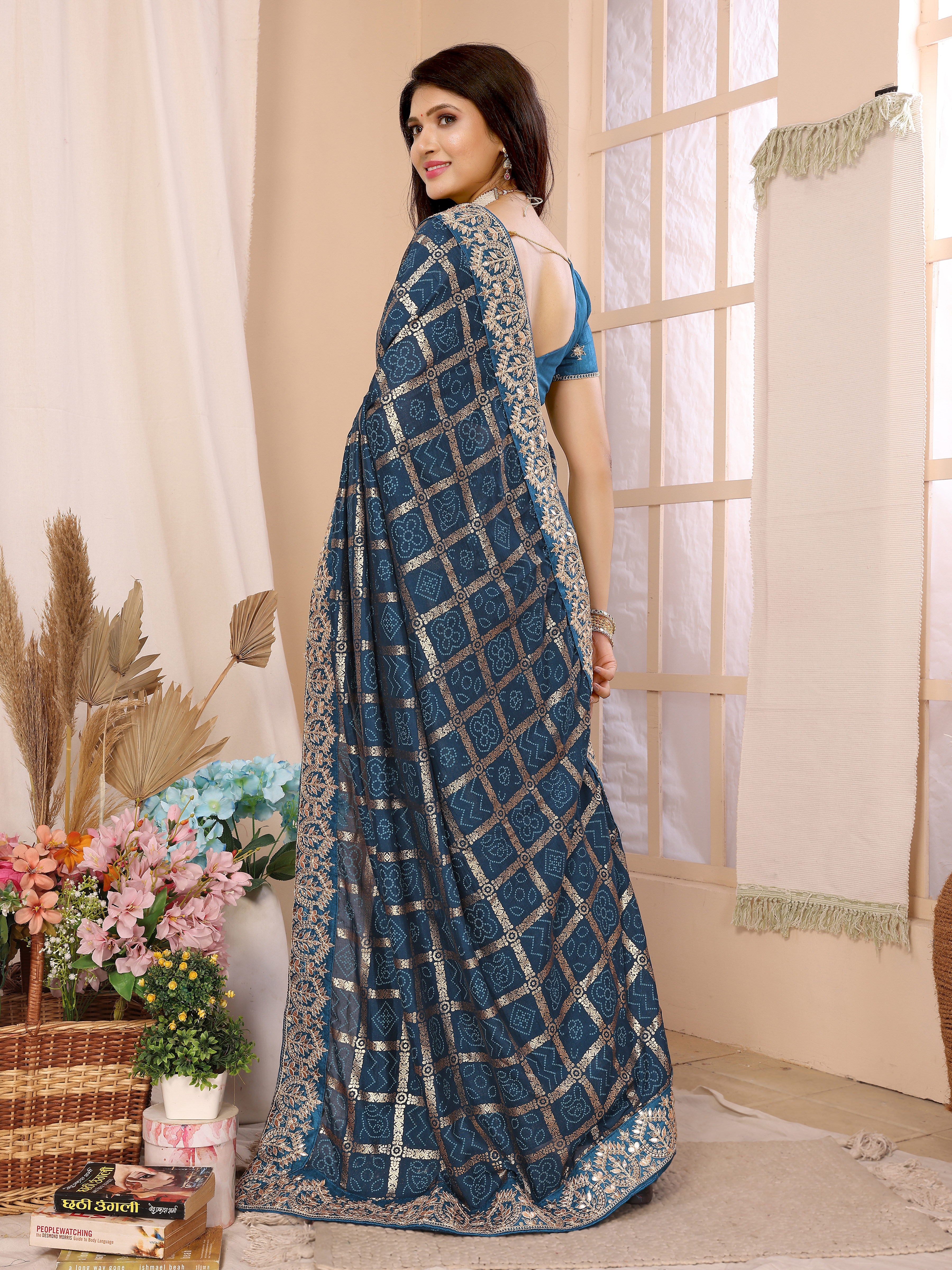 Blue vichitra silk Traditional bandhani saree