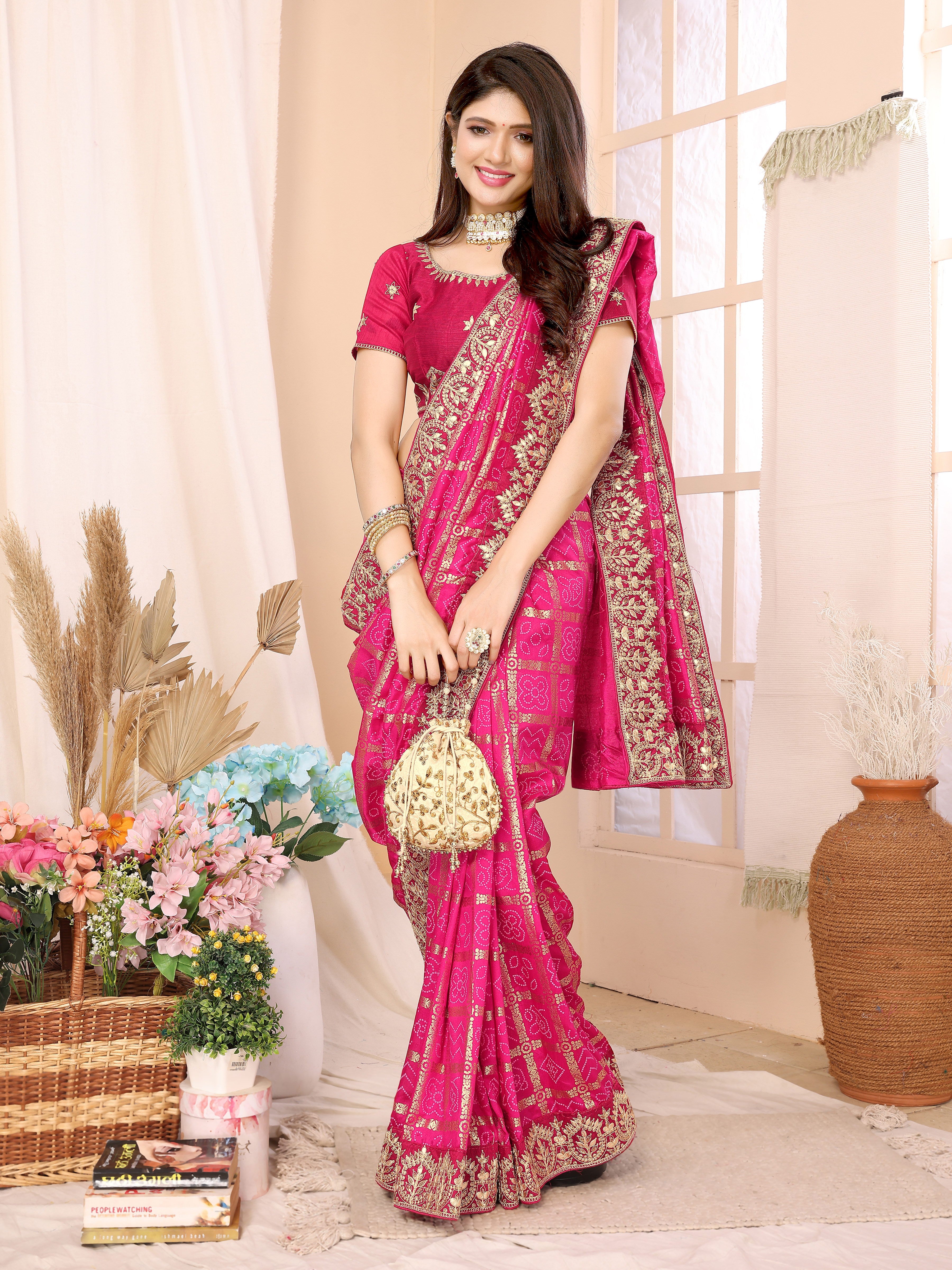 Pink Vichitra Silk Traditional Bandhani Saree