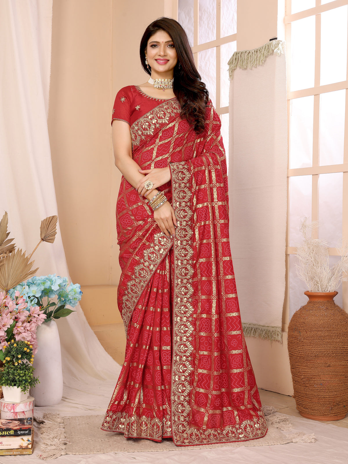 Red Vichitra Silk Traditional Bandhani Saree