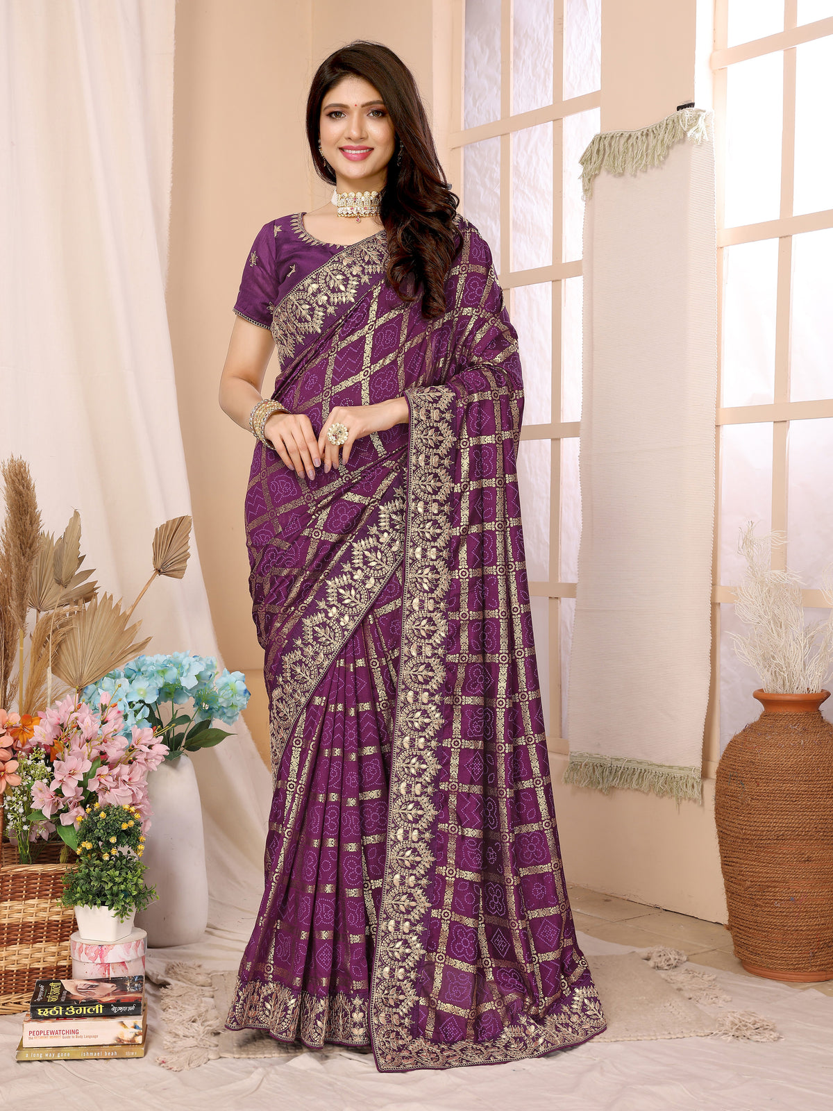 Wine Vichitra Silk Traditional Bandhani Saree