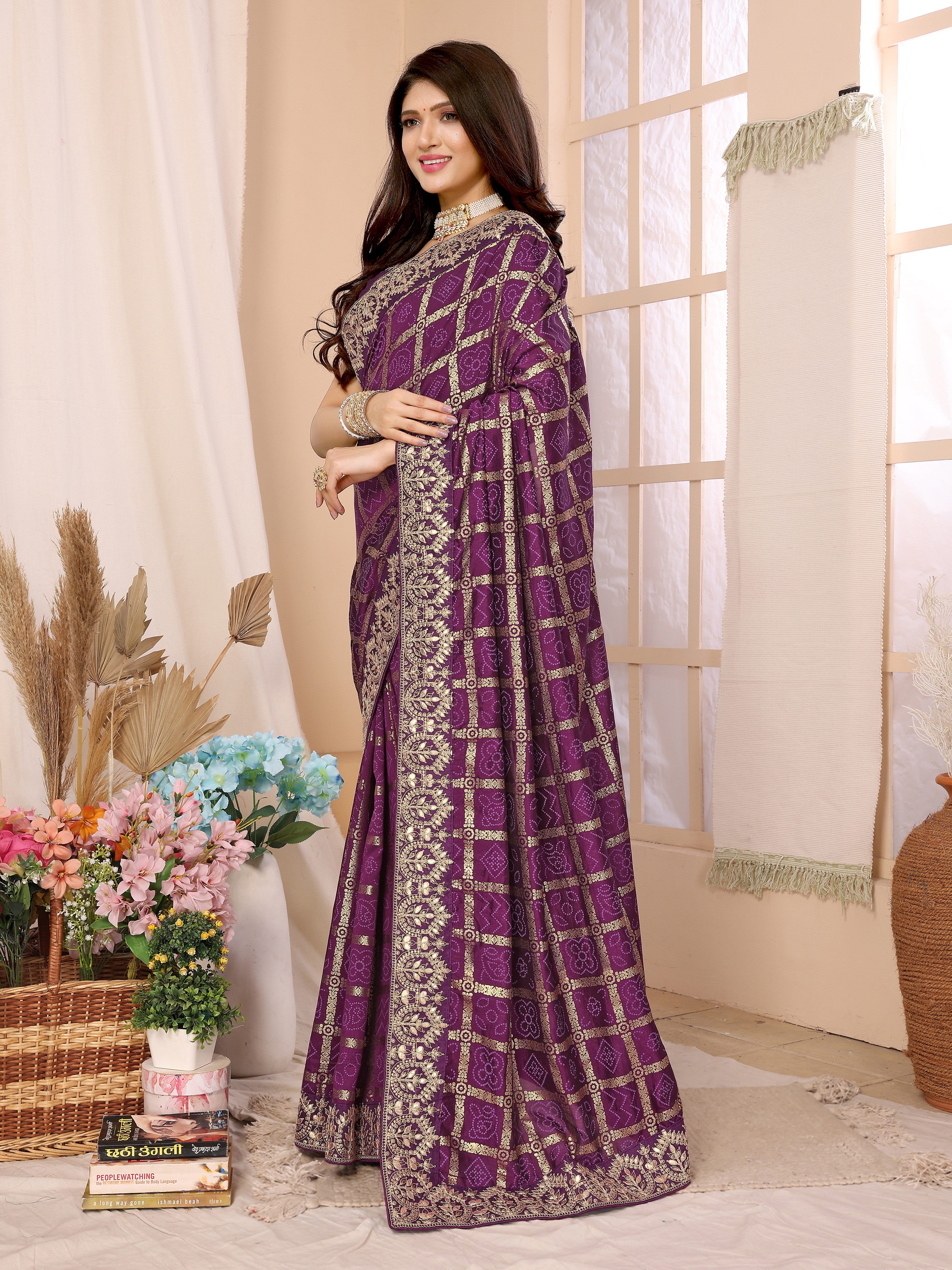 Wine Vichitra Silk Traditional Bandhani Saree