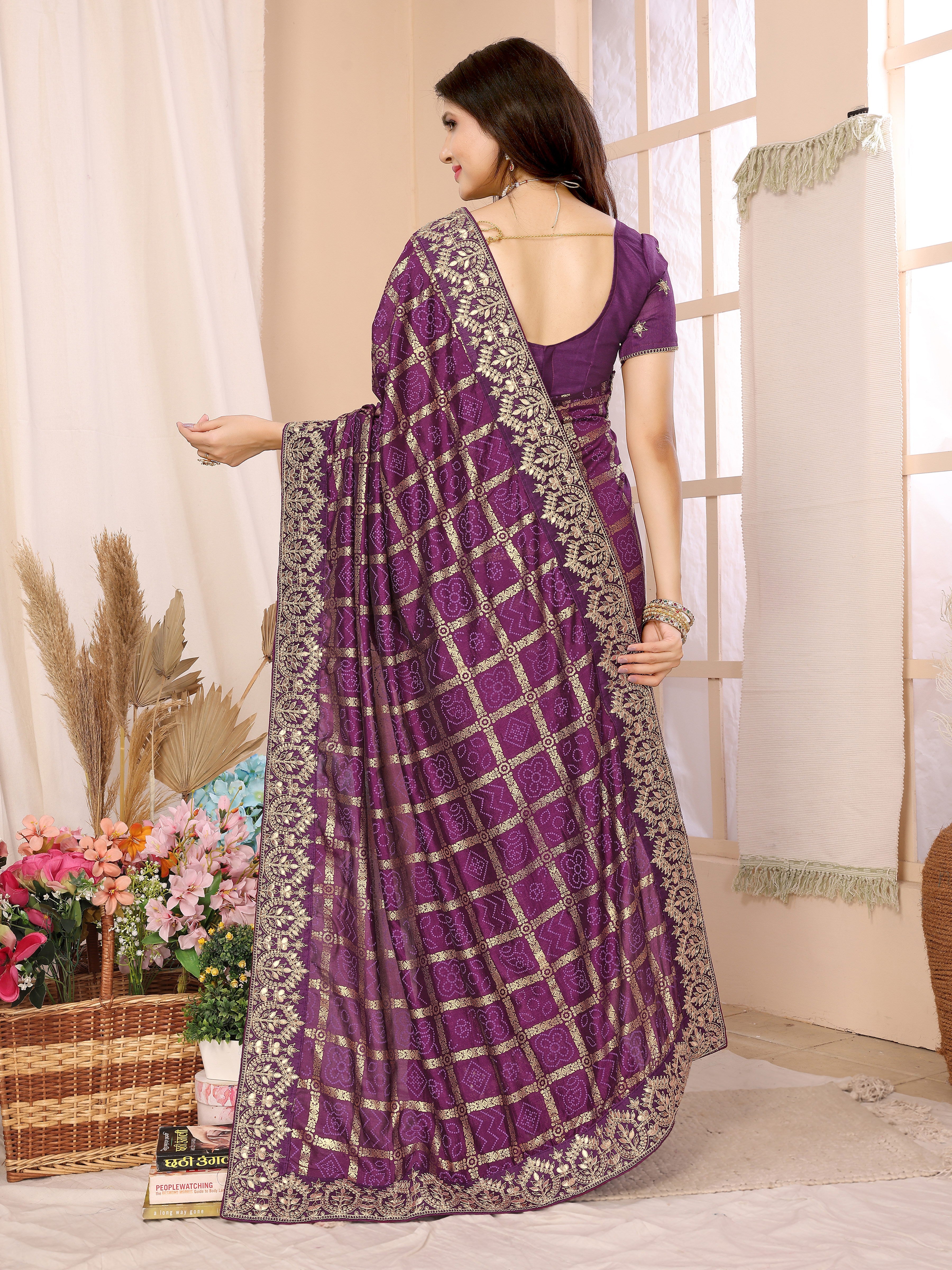 Wine Vichitra Silk Traditional Bandhani Saree