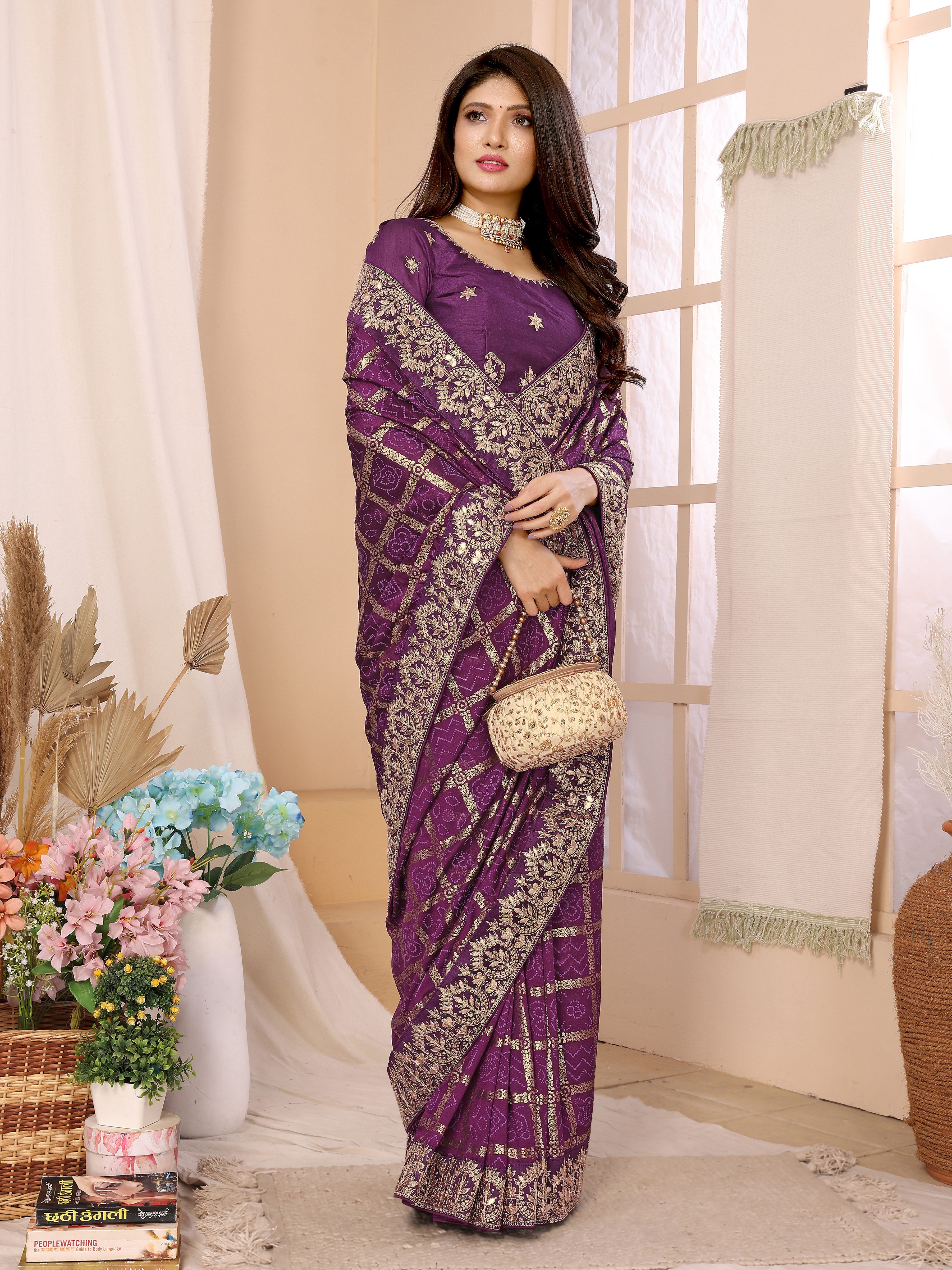 Wine Vichitra Silk Traditional Bandhani Saree