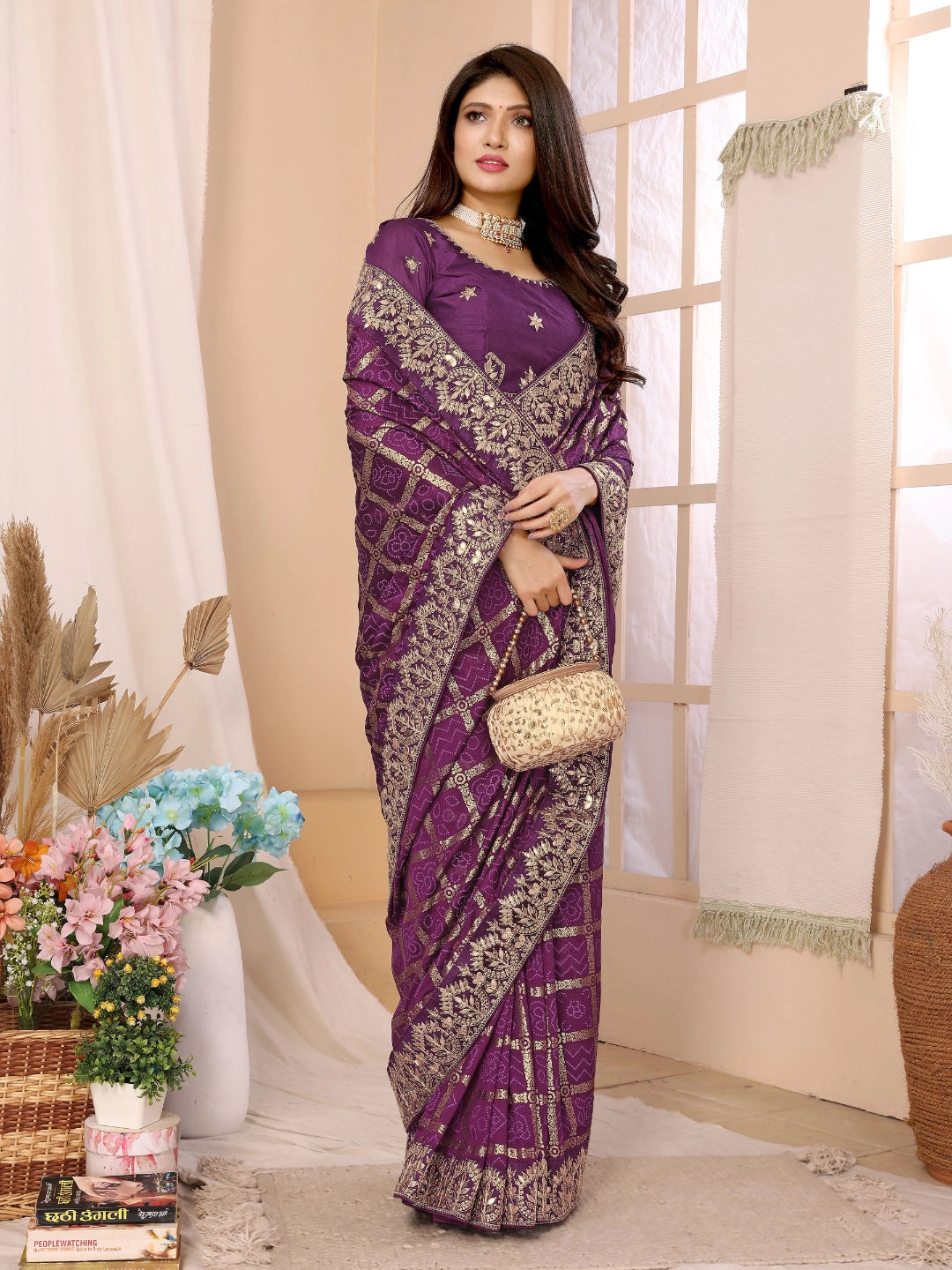 Wine Vichitra Silk Bandhani Saree
