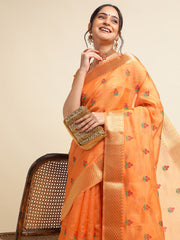 Orange Banarasi Silk Floral Embroidery Work Saree