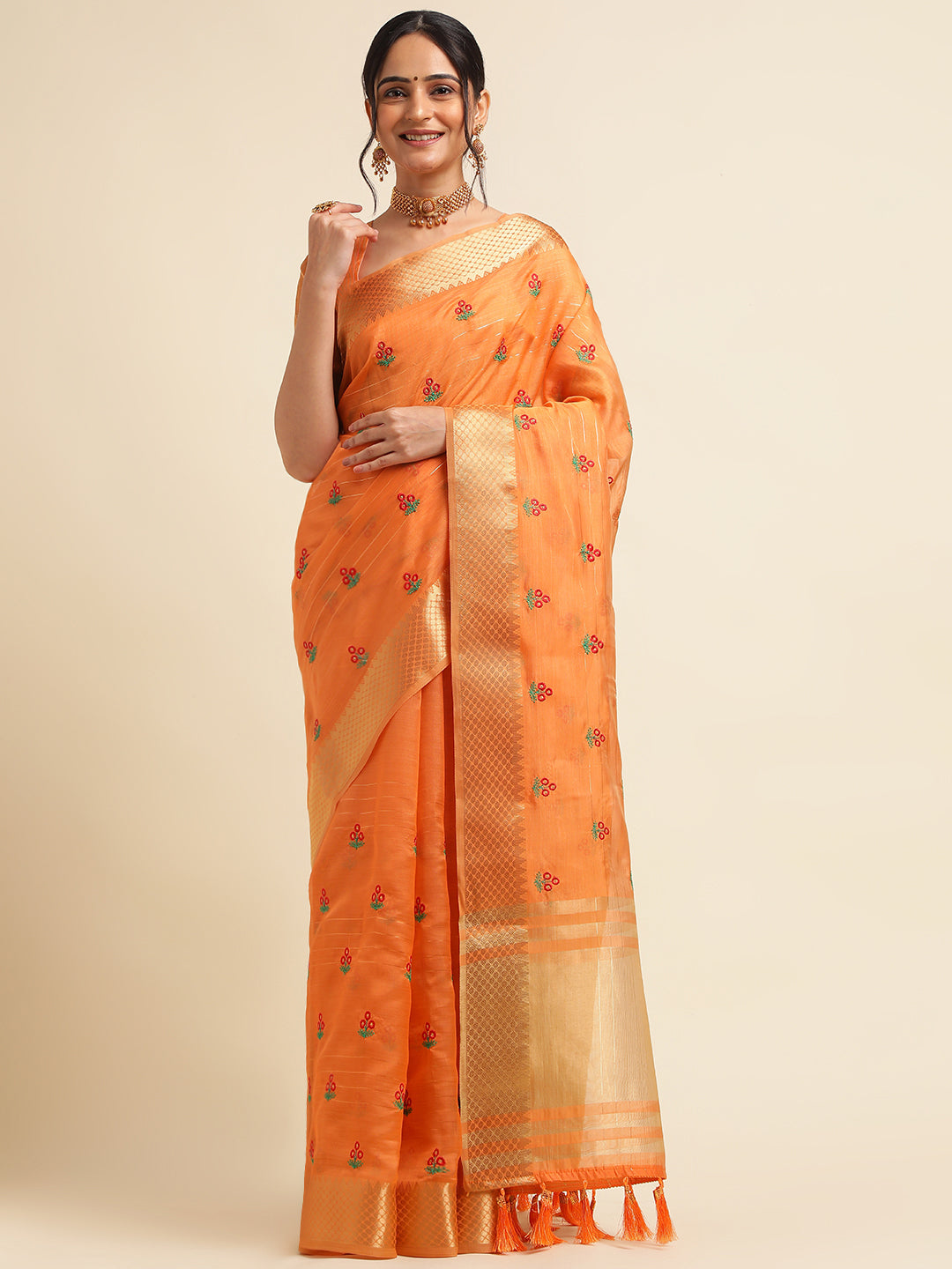 Orange Banarasi Silk Floral Embroidery Work Saree