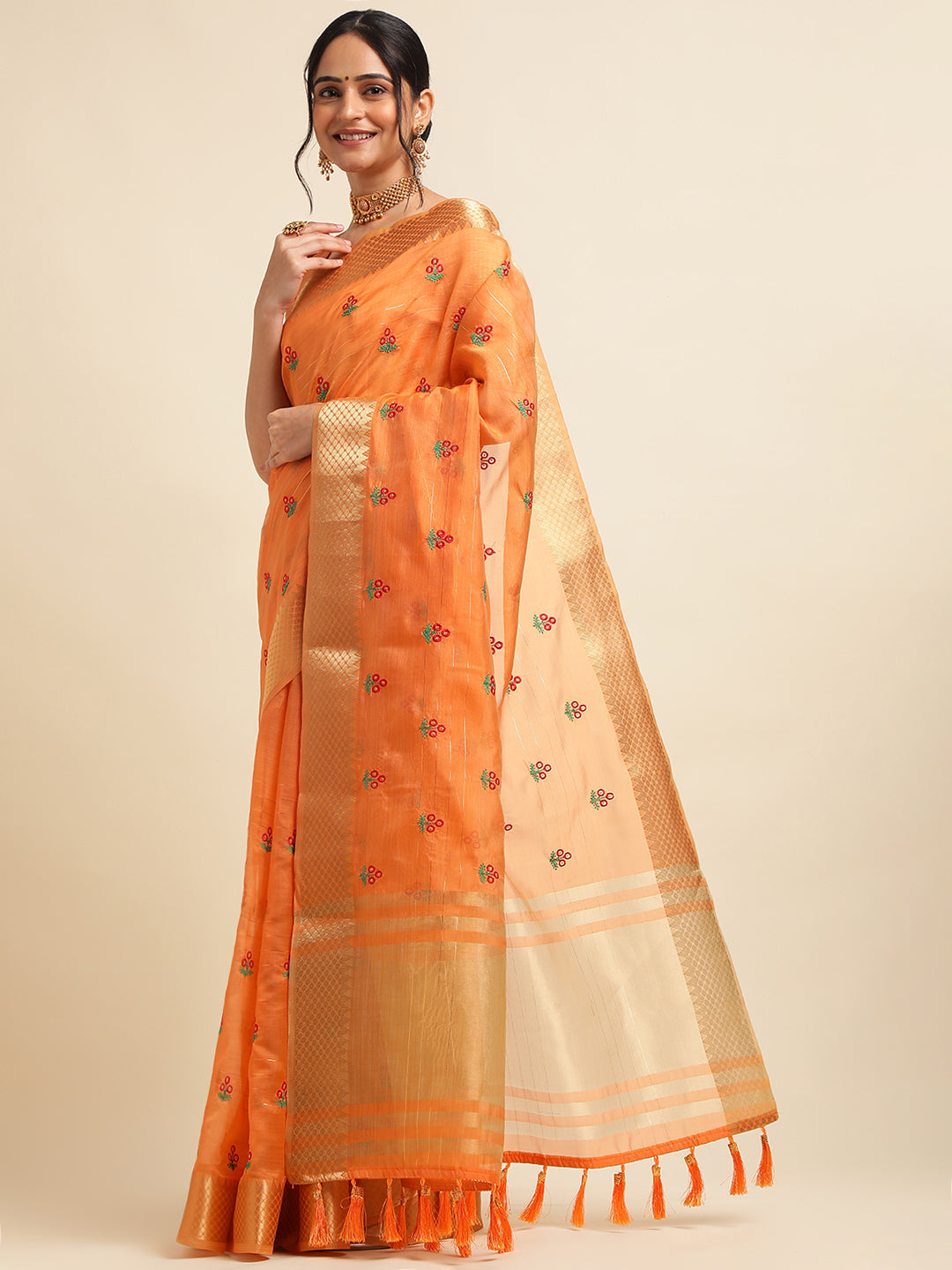 Orange Banarasi Silk Floral Embroidery Work Saree