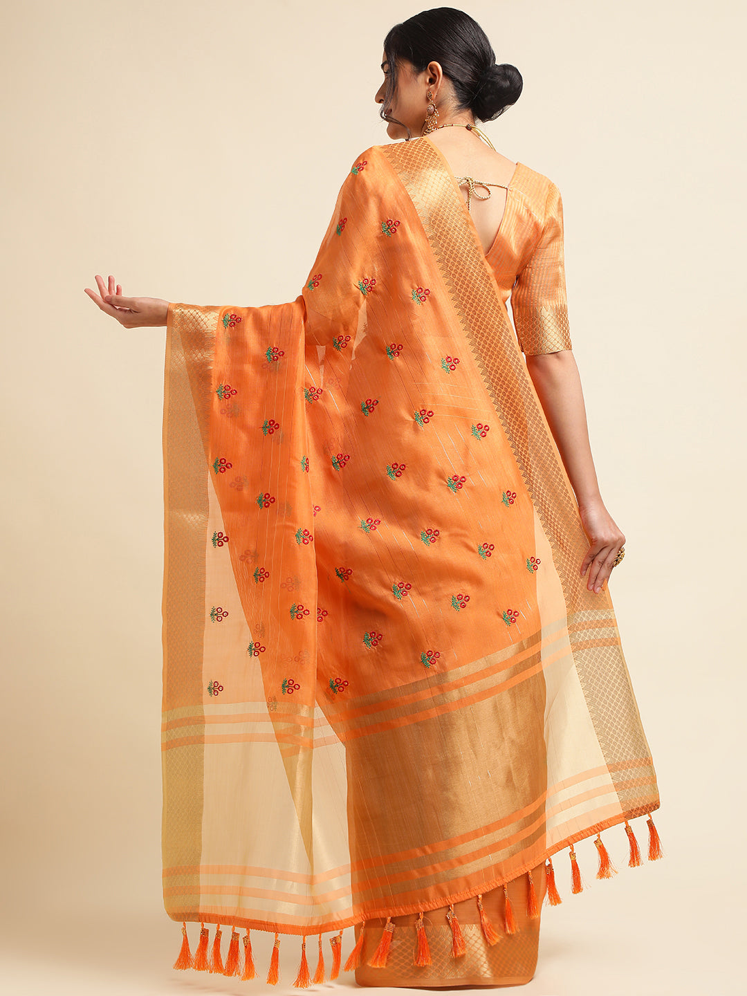 Orange Banarasi Silk Floral Embroidery Work Saree