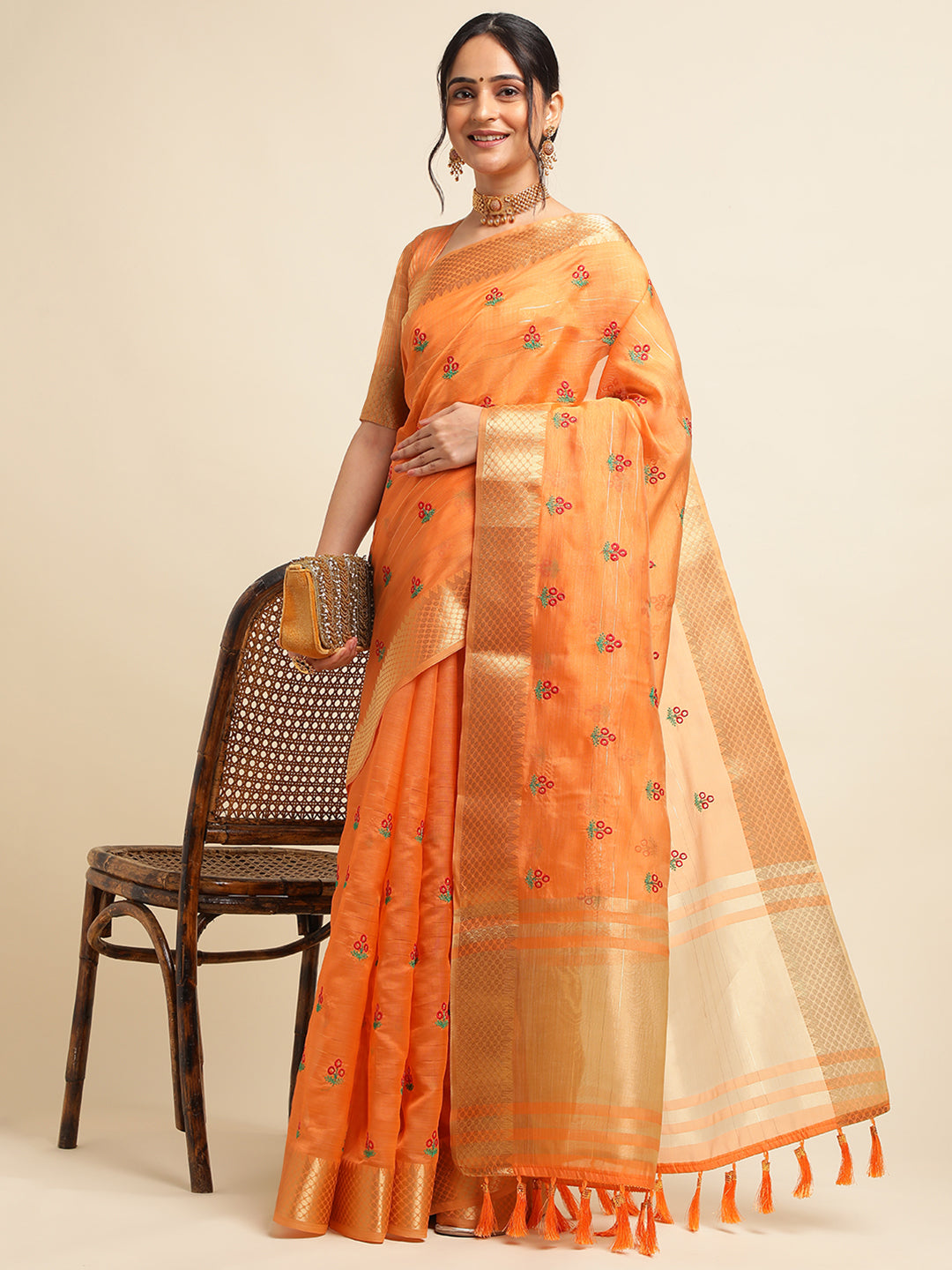 Orange Banarasi Silk Floral Embroidery Work Saree