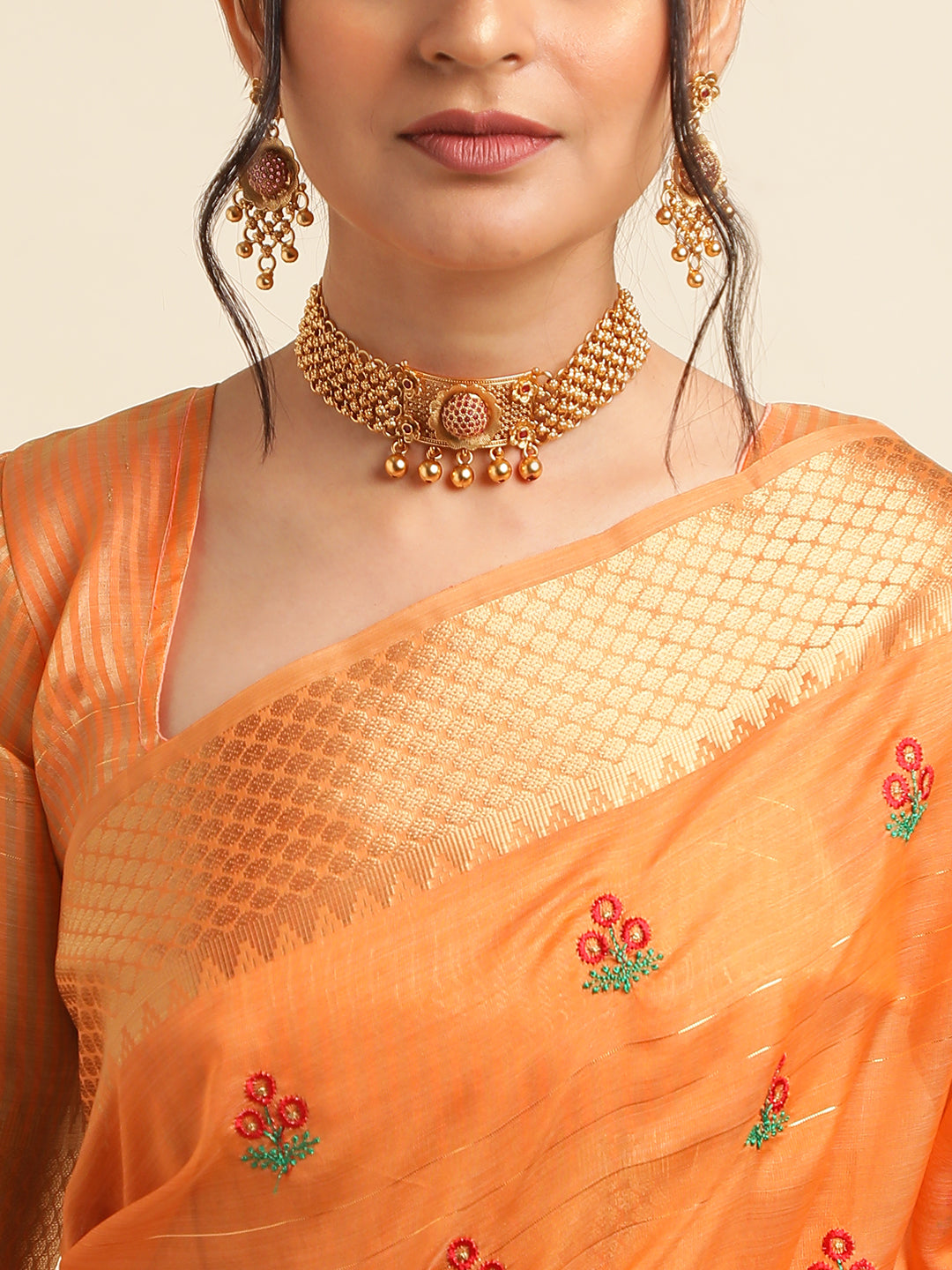 Orange Banarasi Silk Floral Embroidery Work Saree