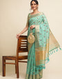 Sea Green Banarasi Silk Floral Embroidery Work Saree