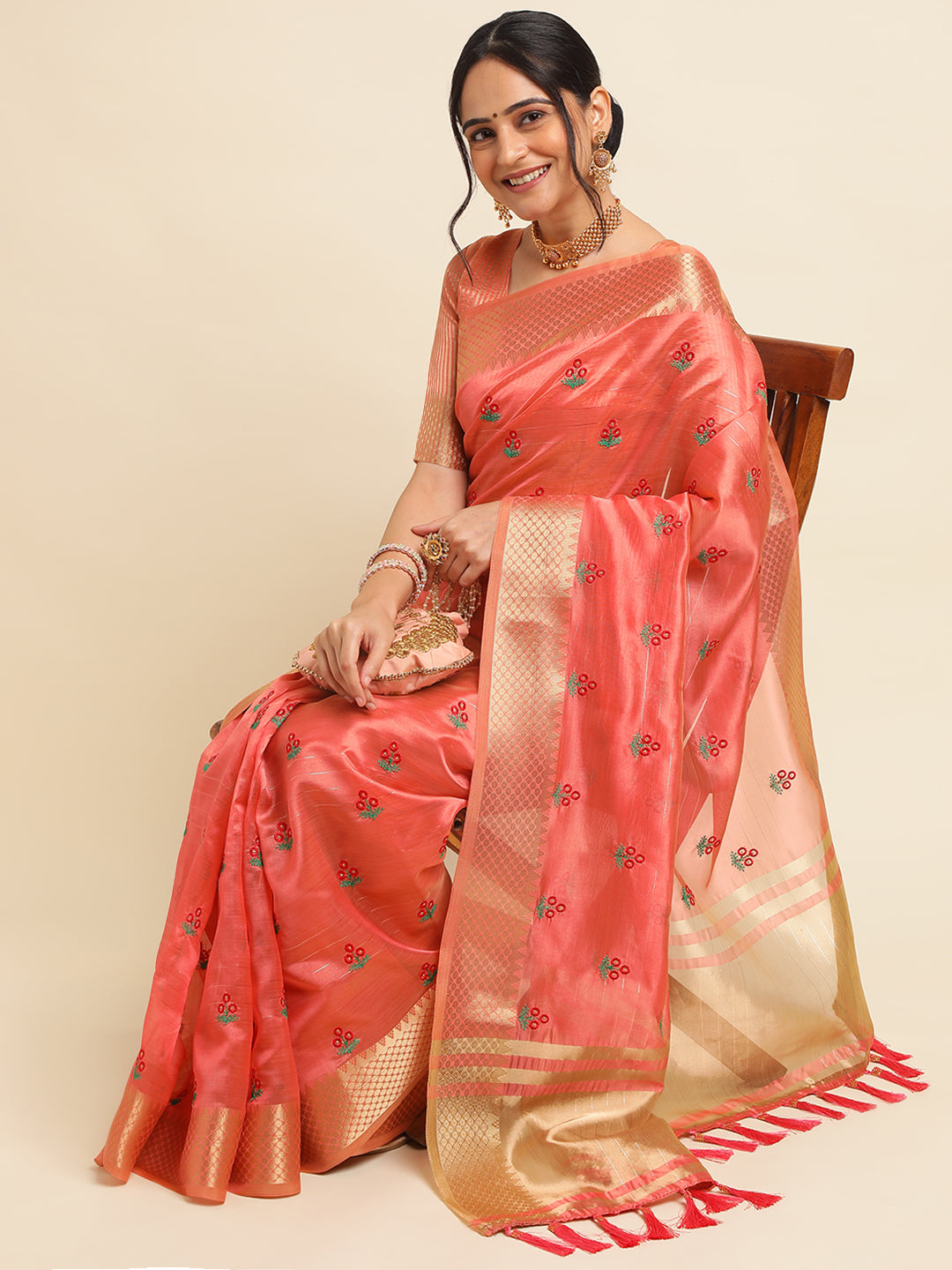 Red Banarasi Silk Floral Embroidery Work Saree