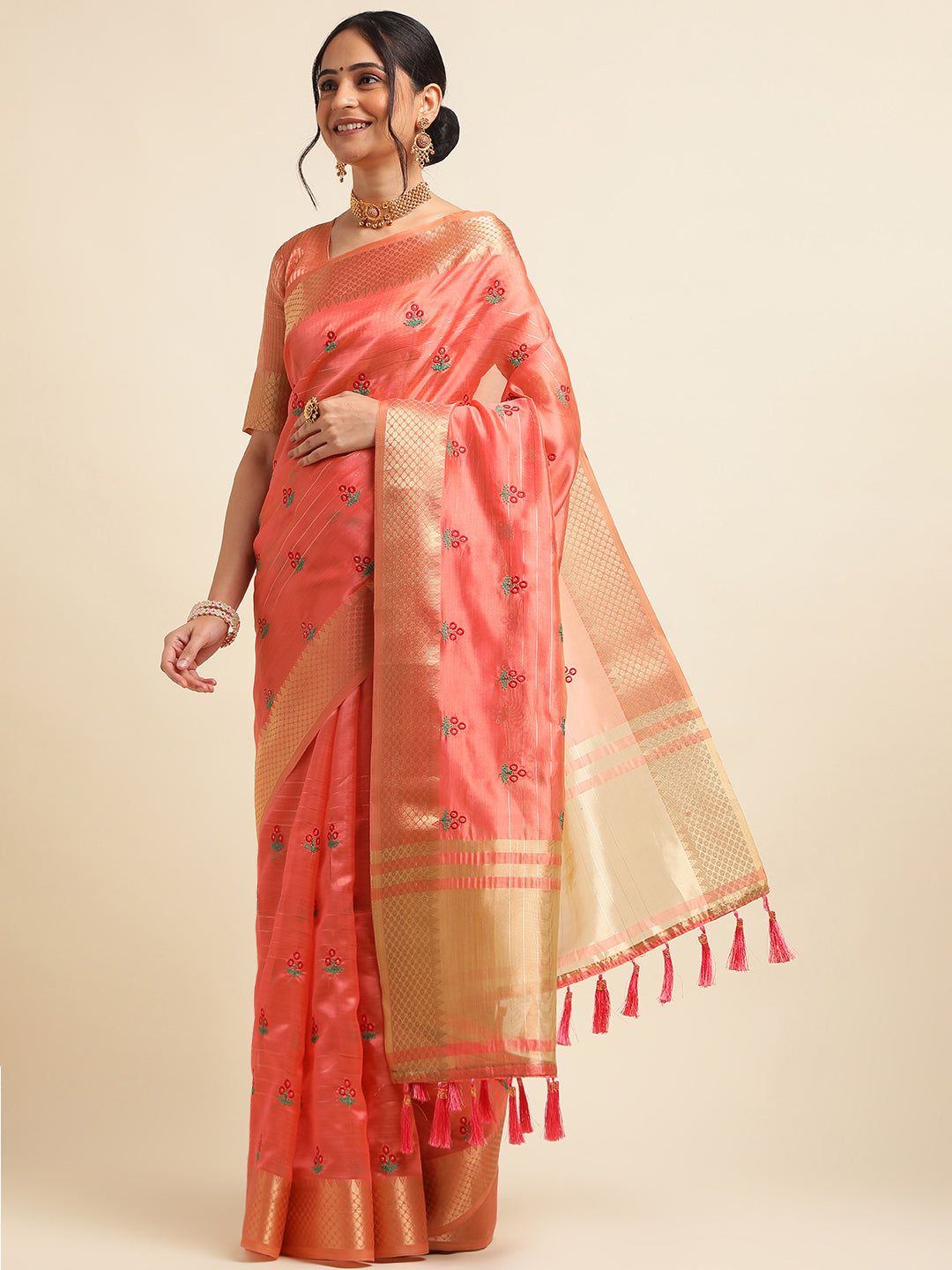 Red Banarasi Silk Floral Embroidery Work Saree