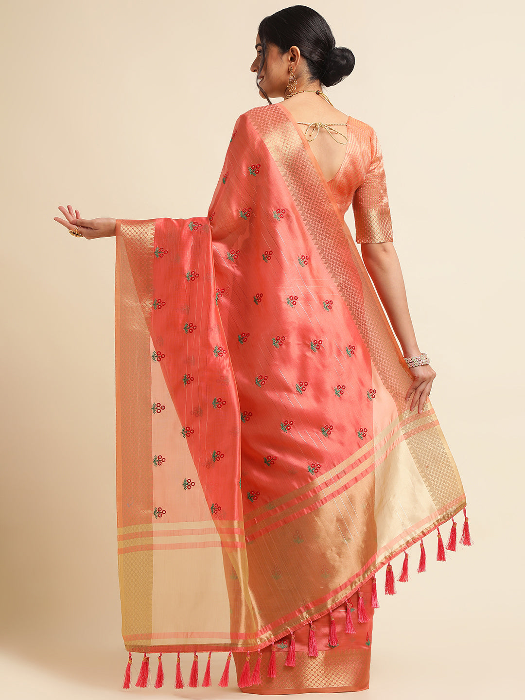 Red Banarasi Silk Floral Embroidery Work Saree