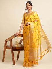 Yellow Banarasi Silk Floral Embroidery Work Saree