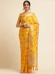 Yellow Banarasi Silk Floral Embroidery Work Saree